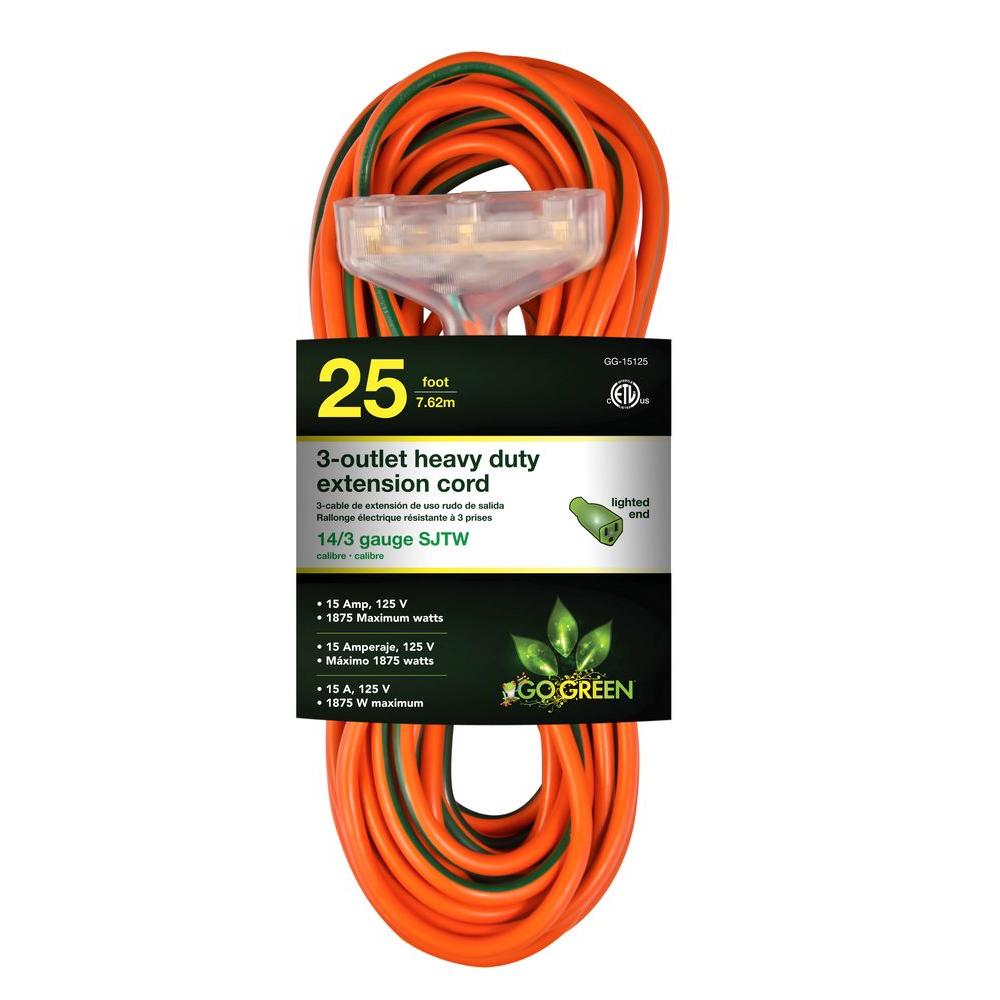 25 FT 14/3 SJT W-A ETL ORANGE 
W GREEN STRIPE